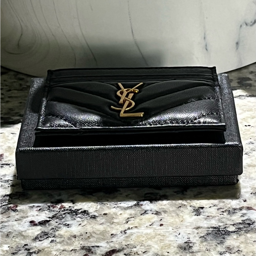 Saint Laurent YSL Quilted Black Card Holder Wallet with Gold Logo FREE SHIPPING